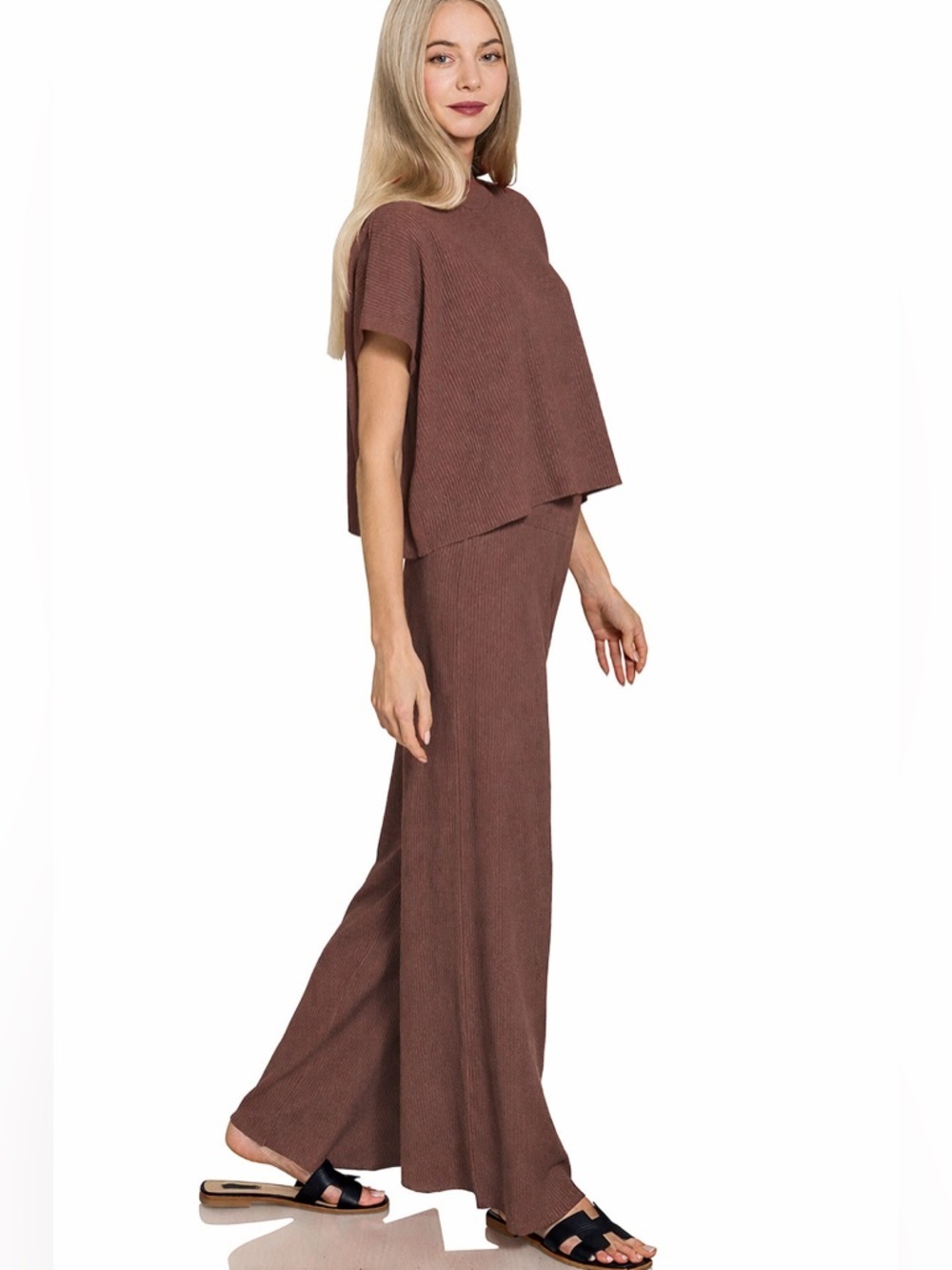 NEW Zenana Brown Viscose Ribbed Matching Set Top & High Rise Pants Size Large - Picture 3 of 5